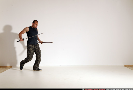 Man Adult Athletic White Fighting with sword Moving poses Casual