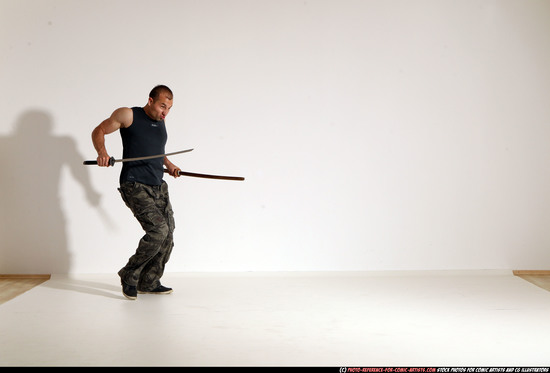 Man Adult Athletic White Fighting with sword Moving poses Casual