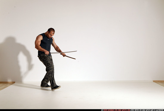 Man Adult Athletic White Fighting with sword Moving poses Casual