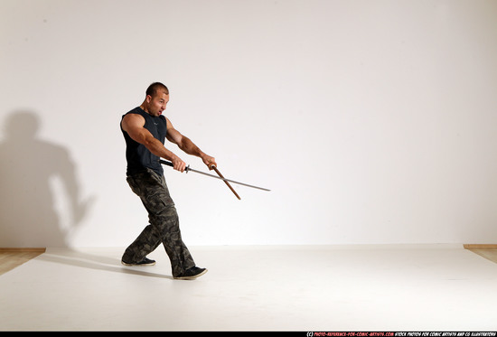 Man Adult Athletic White Fighting with sword Moving poses Casual