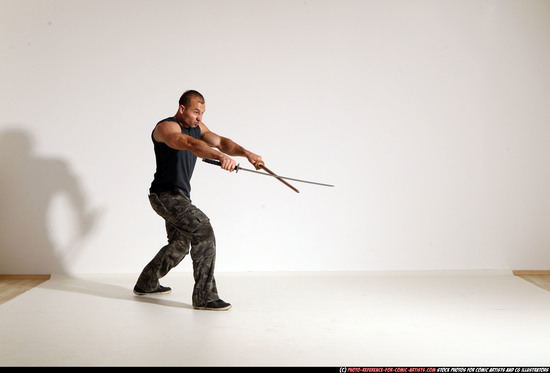 Man Adult Athletic White Fighting with sword Moving poses Casual