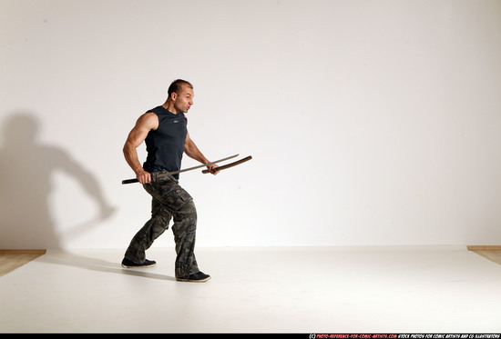 Man Adult Athletic White Fighting with sword Moving poses Casual