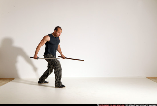 Man Adult Athletic White Fighting with sword Moving poses Casual