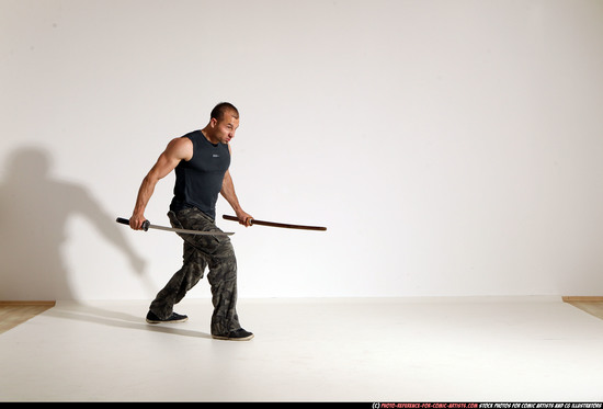 Man Adult Athletic White Fighting with sword Moving poses Casual