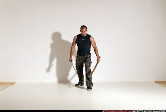 Man Adult Athletic White Fighting with sword Moving poses Casual