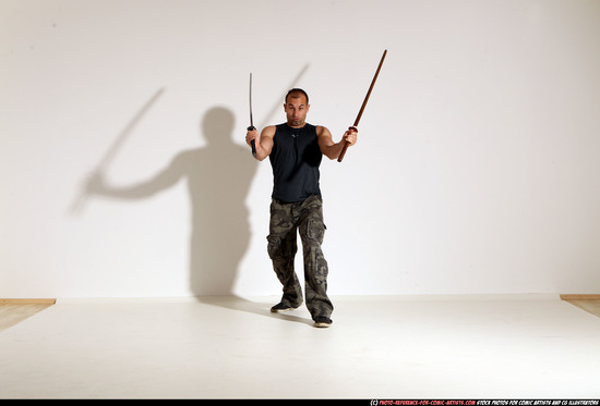 Man Adult Athletic White Fighting with sword Moving poses Casual