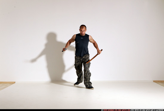 Man Adult Athletic White Fighting with sword Moving poses Casual