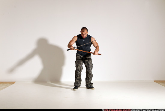 Man Adult Athletic White Fighting with sword Moving poses Casual