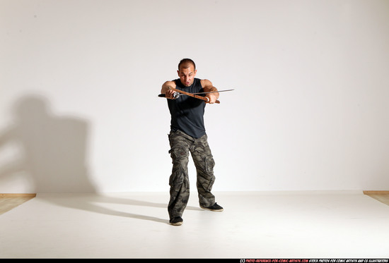 Man Adult Athletic White Fighting with sword Moving poses Casual