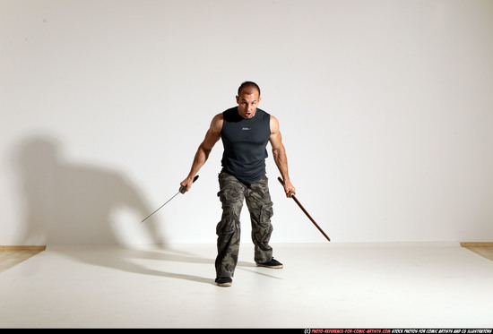 Man Adult Athletic White Fighting with sword Moving poses Casual