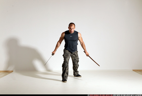 Man Adult Athletic White Fighting with sword Moving poses Casual