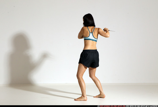 Woman Young Athletic White Fighting with knife Moving poses Casual