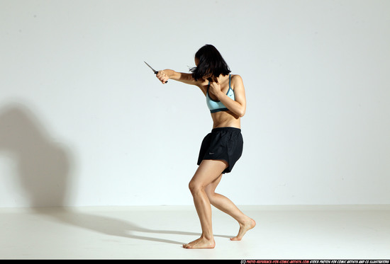 Woman Young Athletic White Fighting with knife Moving poses Casual