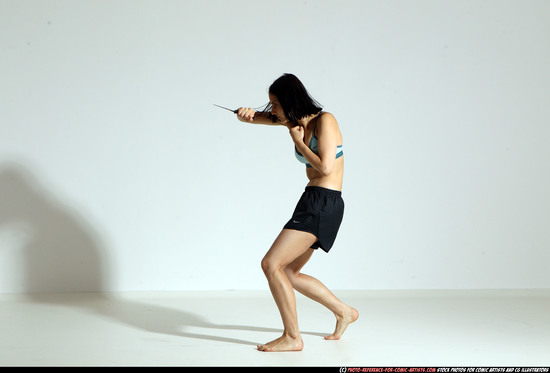 Woman Young Athletic White Fighting with knife Moving poses Casual