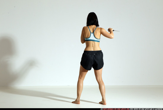 Woman Young Athletic White Fighting with knife Moving poses Casual