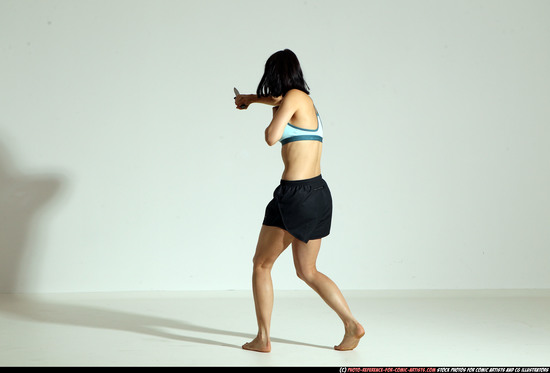 Woman Young Athletic White Fighting with knife Moving poses Casual