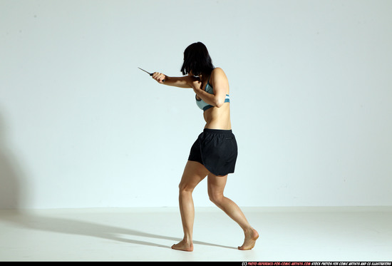 Woman Young Athletic White Fighting with knife Moving poses Casual