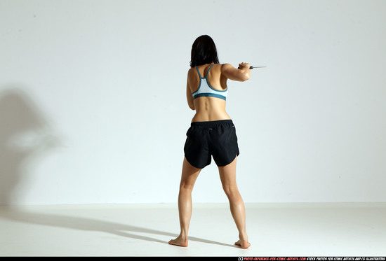 Woman Young Athletic White Fighting with knife Moving poses Casual