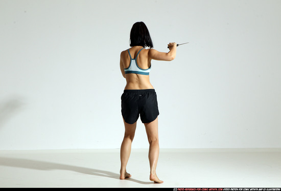 Woman Young Athletic White Fighting with knife Moving poses Casual