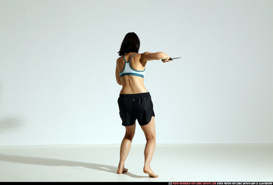 Woman Young Athletic White Fighting with knife Moving poses Casual