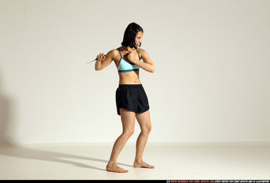 Woman Young Athletic White Fighting with knife Moving poses Casual