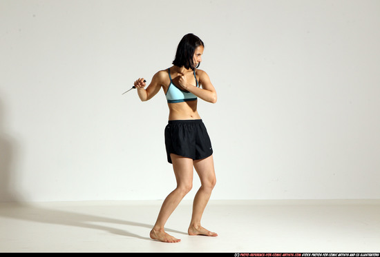 Woman Young Athletic White Fighting with knife Moving poses Casual