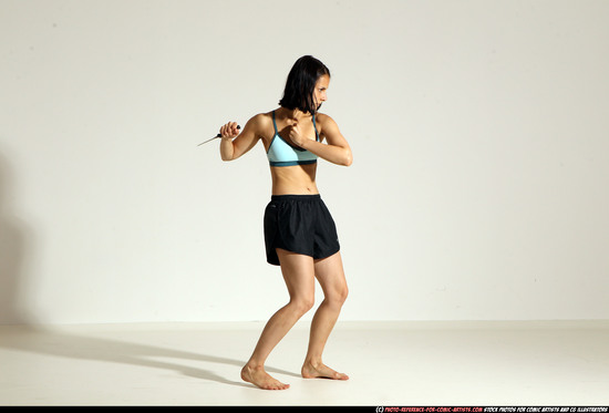 Woman Young Athletic White Fighting with knife Moving poses Casual