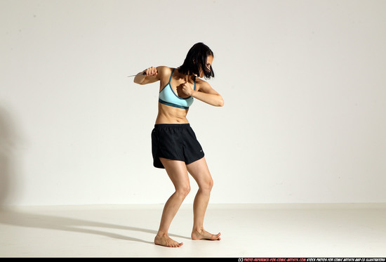 Woman Young Athletic White Fighting with knife Moving poses Casual