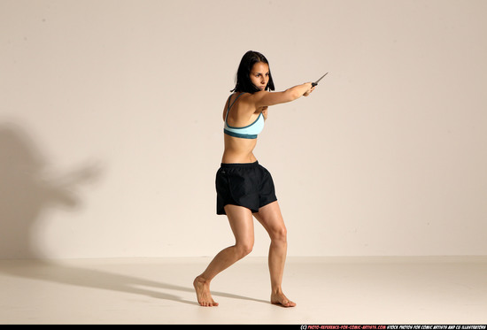 Woman Young Athletic White Fighting with knife Moving poses Casual