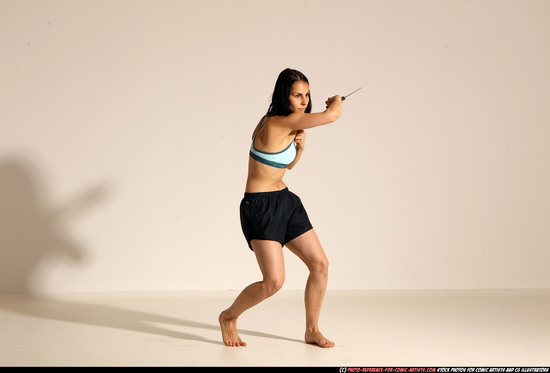 Woman Young Athletic White Fighting with knife Moving poses Casual