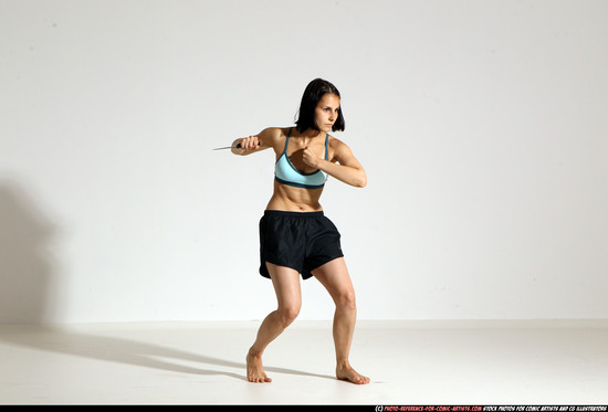 Woman Young Athletic White Fighting with knife Moving poses Casual