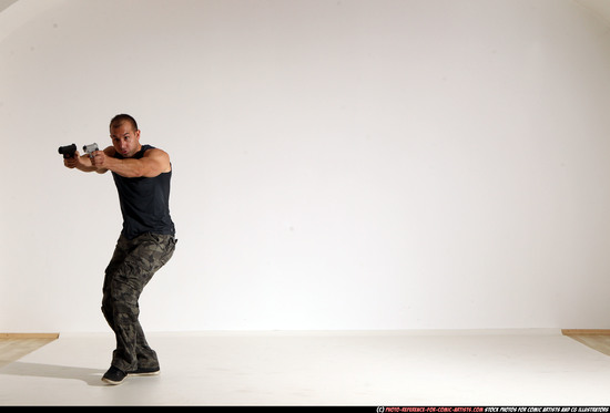 Man Adult Athletic White Fighting with gun Moving poses Casual