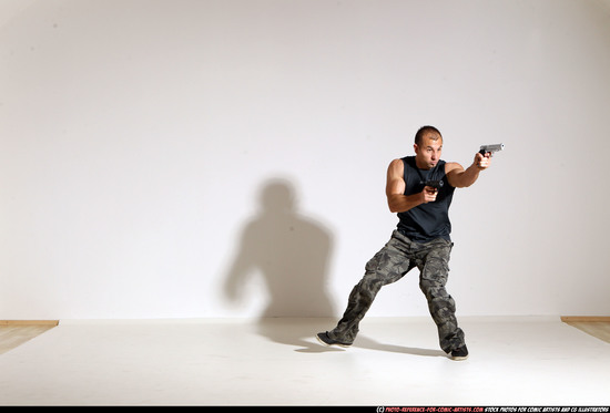 Man Adult Athletic White Fighting with gun Moving poses Casual