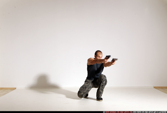 Man Adult Athletic White Fighting with gun Moving poses Casual