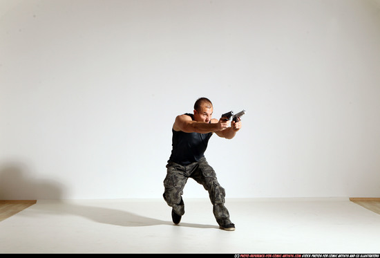 Man Adult Athletic White Fighting with gun Moving poses Casual