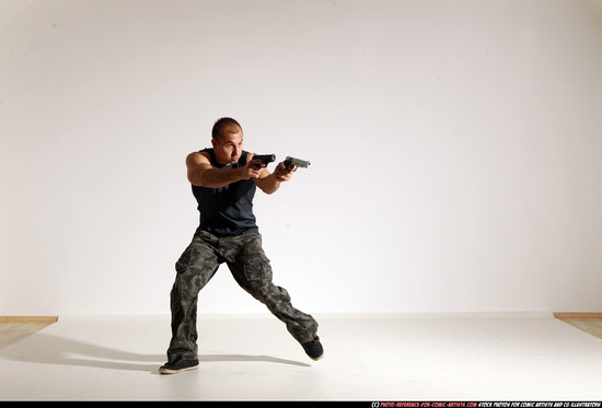 Man Adult Athletic White Fighting with gun Moving poses Casual