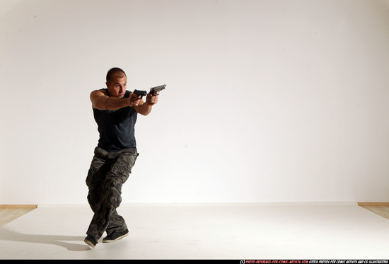 Man Adult Athletic White Fighting with gun Moving poses Casual