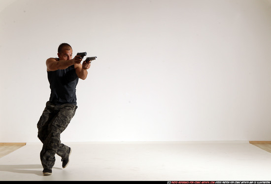 Man Adult Athletic White Fighting with gun Moving poses Casual