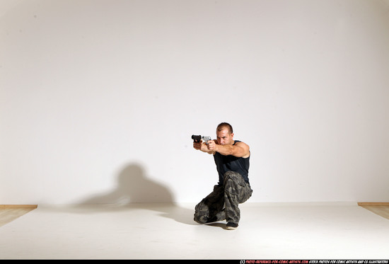 Man Adult Athletic White Fighting with gun Moving poses Casual