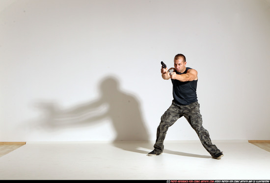 Man Adult Athletic White Fighting with gun Moving poses Casual