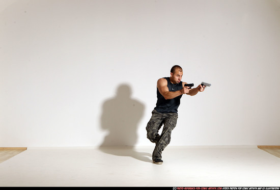 Man Adult Athletic White Fighting with gun Moving poses Casual