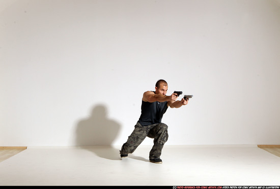 Man Adult Athletic White Fighting with gun Moving poses Casual