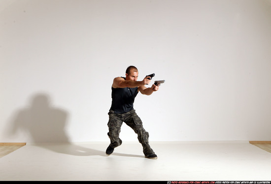 Man Adult Athletic White Fighting with gun Moving poses Casual