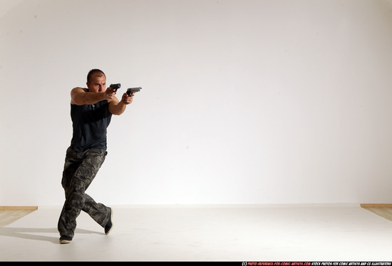 Man Adult Athletic White Fighting with gun Moving poses Casual