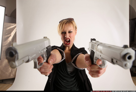 Woman Adult Athletic White Fighting with gun Standing poses Coat