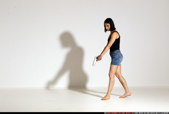 Woman Young Athletic White Fighting with gun Moving poses Casual