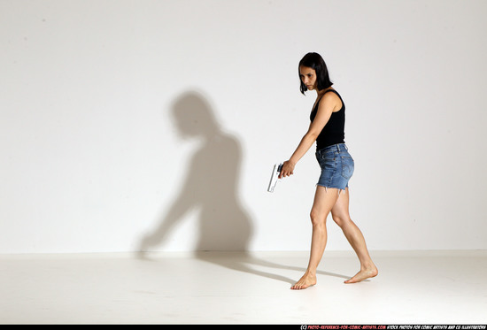 Woman Young Athletic White Fighting with gun Moving poses Casual