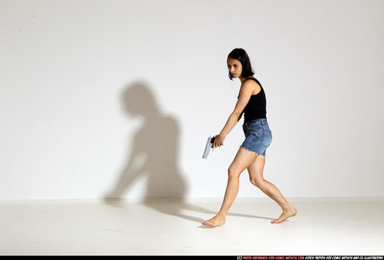 Woman Young Athletic White Fighting with gun Moving poses Casual