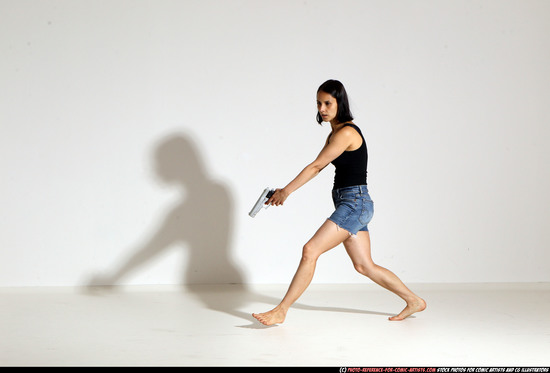 Woman Young Athletic White Fighting with gun Moving poses Casual