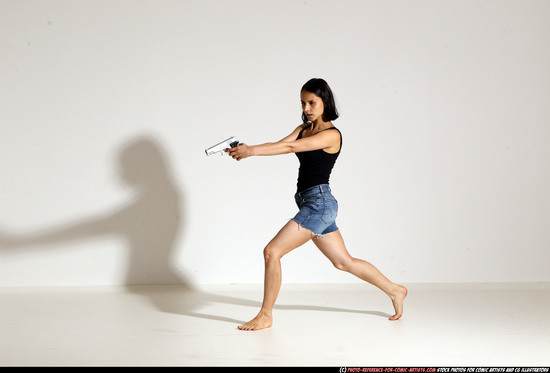 Woman Young Athletic White Fighting with gun Moving poses Casual